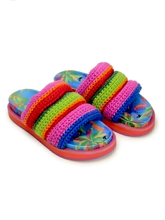 FARM Rio Shoes - FARM Rio Rainbow Crochet Strap Slide Sandals in Pink, Green, Blue, Orange